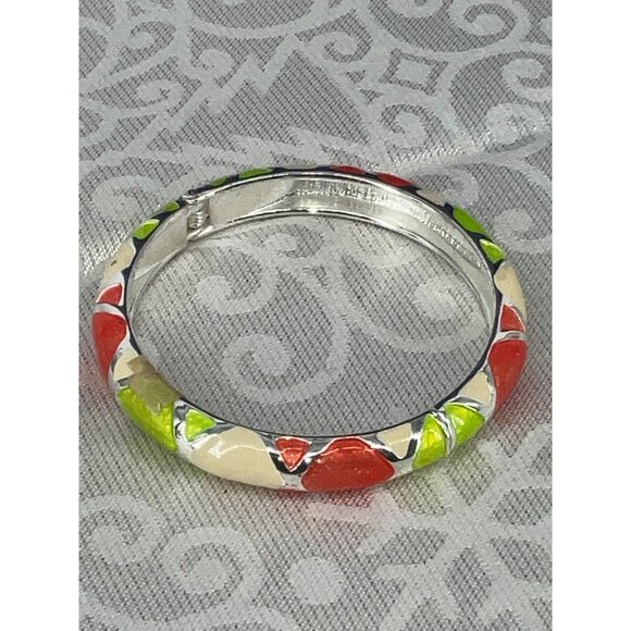 Enamel Silver Bangle Bracelet Orange/Lime Green/White Geometric Design Hinged - Picture 1 of 2